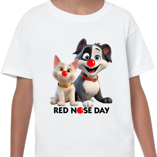 Red Nose Day T-shirt Cute Funny DOG and CAT 2024 School Day Adult Kids Children's Novelty Charity