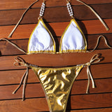 Bronzing Halter Lace-up Bikini Pearl Chain Swimsuit