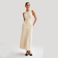 Elegant Knitted Sleeveless Dress Fashion Slim Round Neck Long Dresses Womens Clothing