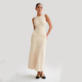 Elegant Knitted Sleeveless Dress Fashion Slim Round Neck Long Dresses Womens Clothing