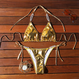 Bronzing Halter Lace-up Bikini Pearl Chain Swimsuit