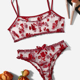 Women Underwear Bikini Two Piece Tulle Floral Print Lingerie Wine Red - S M L XL