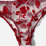 Women Underwear Bikini Two Piece Tulle Floral Print Lingerie Wine Red - S M L XL