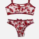 Women Underwear Bikini Two Piece Tulle Floral Print Lingerie Wine Red - S M L XL