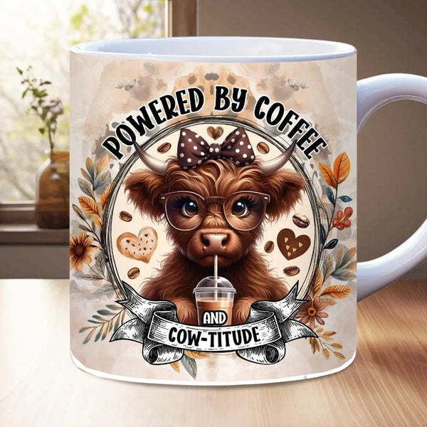 Powered by Coffee and Cow-titude Novelty Coffee Mug, 11oz, Ceramic, White