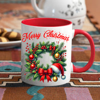 Merry Christmas Mug - Festive Design - Holly Wreath Floral Ring Gift Tea Coffee Mug Gift for Christmas Day. (11oz) Style 20 Red