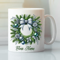 Personalised Custom Add Your Own Name Christmas Mug - Festive Design - Holly Wreath Floral Ring Gift Tea Coffee Mug Gift for Christmas Day. (11oz) Style 18