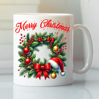 Merry Christmas Mug - Festive Design - Holly Wreath Floral Ring Gift Tea Coffee Mug Gift for Christmas Day. (11oz) Style 20 White