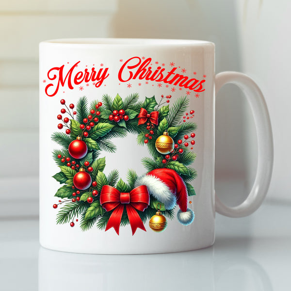 Merry Christmas Mug - Festive Design - Holly Wreath Floral Ring Gift Tea Coffee Mug Gift for Christmas Day. (11oz) Style 20 White