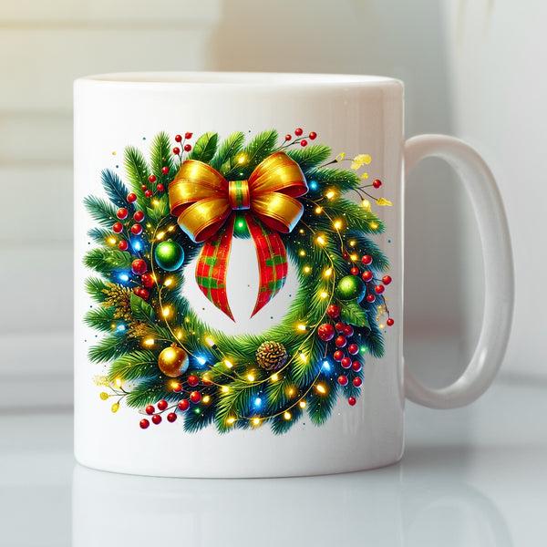 Christmas Mug - Festive Design, Holly Wreath Floral Ring, Gift Tea Coffee Mug, 11oz V4