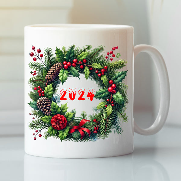 Christmas Mug - Festive Design - Holly Wreath Floral Ring Gift Tea Coffee Mug Gift for Christmas Day. (11oz) Style 6