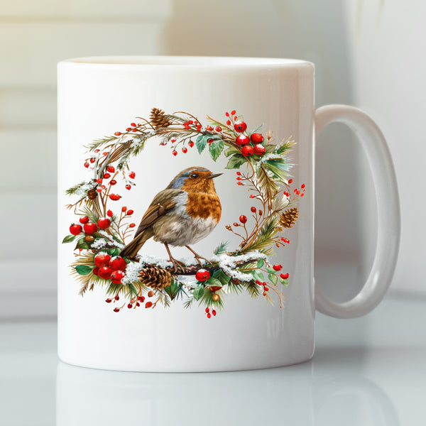 Christmas Mug - Festive Design - Robin Holly Wreath Floral Ring Gift Tea Coffee Mug Gift for Christmas Day. (11oz)